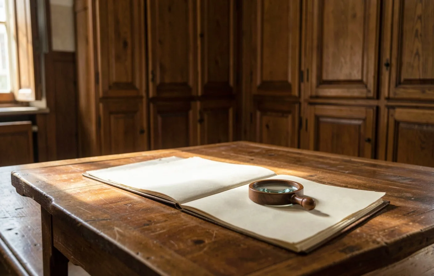 Sala de lectura de archivo con luz suja de tarde