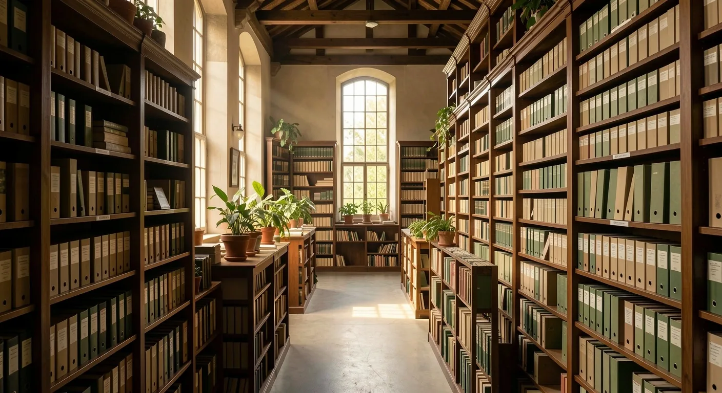 Archivo editorial con estanterías de madera y luz cálida de tarde