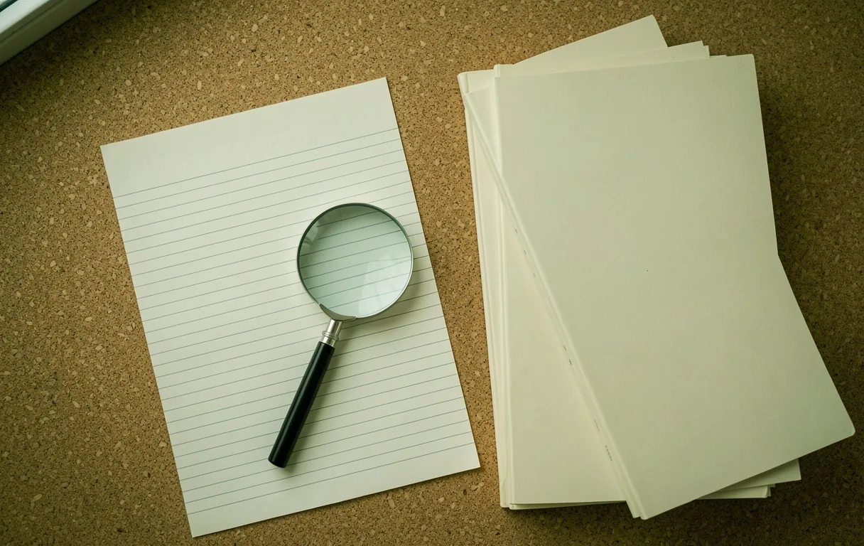 Escritorio de archivo con carpetas y lupa sobre papel rayado