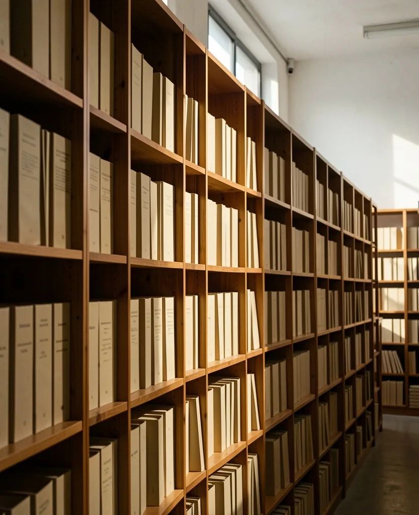 Estantería de archivo con carpetas ordenadas y luz natural