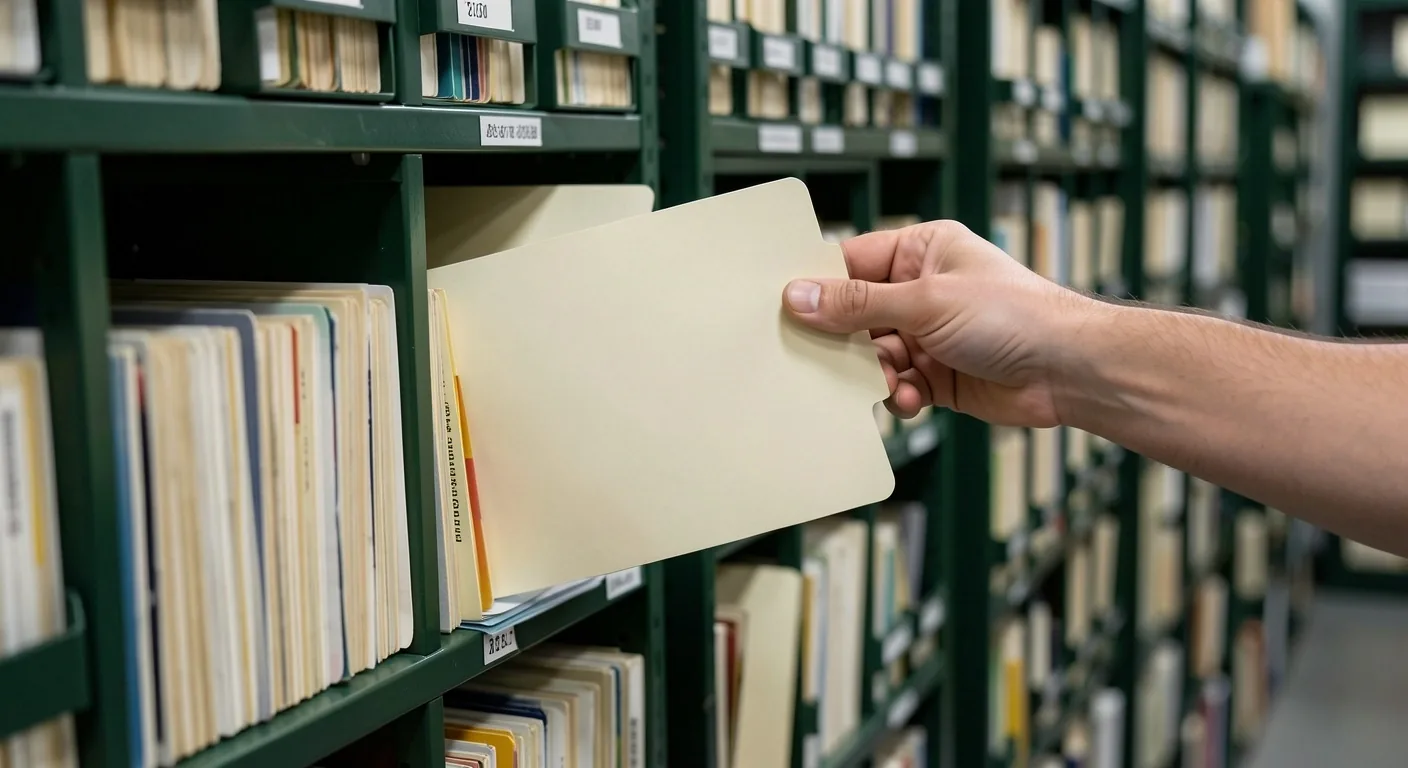 Archivo institucional con estantes de carpetas